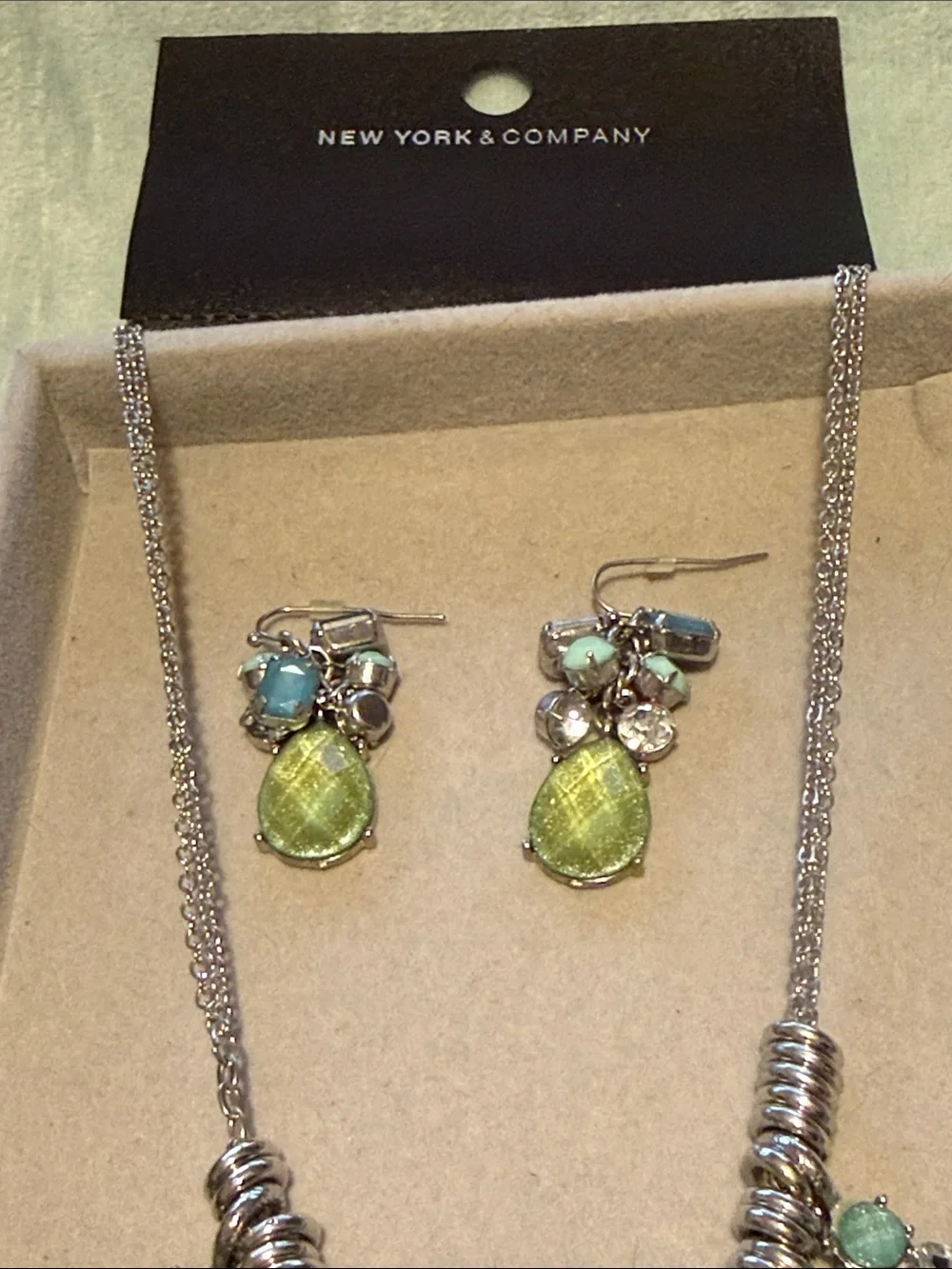 New York & Company Yellow and Light Green Statement Necklace & Earring Set